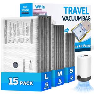 lot 6025 image: 15 Packs Vacuum Bags for Travel with Rechargeable Pump, 3 Sizes Vacuum Seal Bags for Clothing, Compression Vacuum Travel Bags for Luggage, Vacuum Packing Bags for Closet Organization