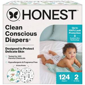 lot 6036 image: The Honest Company Comfort Dry Disposable Daytime Diapers for Sensitive Skin, Hypoallergenic, Barnyard Babies  Pattern Play, Super Club Box Size 2 (12-18 lbs), 124 Count
