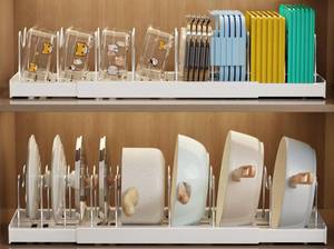 lot 6055 image: Mustorn 2 Pack Pots and Pans Organizer Under Cabinet, 22 Expandable Food Storage Container Lid Organizers with 9 Adjustable Dividers Pot and Pan Lid Holders Rack Inside CabinetCountertop(White)