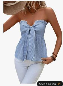 lot 6089 image: GORGLITTER Womens Strapless Tie Front Tube Peplum Tops Striped Bandeau Bow Cute Summer Casual Trendy Y2K Going Out Top Large