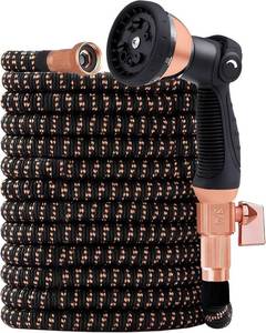 lot 6091 image: 100FT Expandable Garden Hose - with 10-Function Spray Nozzle - Lightweight, Flexible, 34 Solid Brass Fittings-champagne