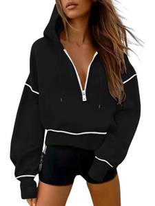 lot 6103 image: Bellcoco Womens Hooded Sweatshirt Half Zip Fleece Hoodies Long Sleeve Cropped Pullover Tops Fall Winter Outfits Clothes Black M