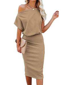 lot 6104 image: Ezbelle Womens Off The Shoulder Short Sleeve Ribbed Summer Casual Midi Bodycon Dress Brown,8-10