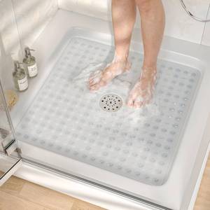 lot 6106 image: HITSLAM Non Slip Shower Stall Mat with Center Drain Hole, Diamond Textured PVC Bath Mat for Inside Shower, Machine Washable, Strong Suction Cups for Bathroom Bathtub Mat, 24x24 Inch, Clear