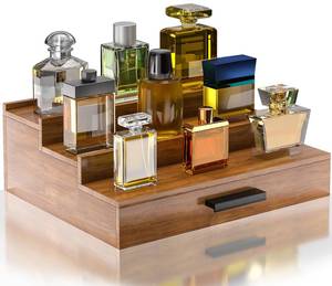 lot 6131 image: Sueuapp Walnut Wood Cologne Organizer for Men 3 Tier Cologne Stand,Wooden Cologne Holder Display Shelf with Hidden Compartment and Drawer,Perfume Organizer Great Gift for Men
