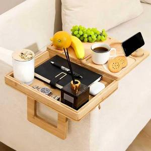 lot 6152 image: 4 In 1 Bamboo Couch Arm Tray With Storage, 360 Rotated Sofa Armrest Table for Couches, Armchair Caddy Organizer for Snacks & Drinks, Couch Arm Rest Table With Cup Holder & Phone Holder for Living Room