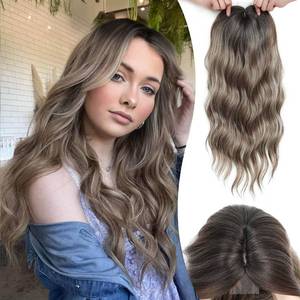 lot 6160 image: MORICHY Hair Toppers for Women Clip in Hair Topper with Bangs 20inch Mocha Brown with Blonde Highlights Long Wavy Curly Synthetic HairPieces for Women