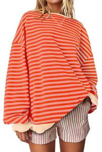 lot 6165 image: UEU Oversized Striped Sweatshirts for Women Long Sleeve Crewneck Workout Pullover Tops Orange Pink Striped Medium