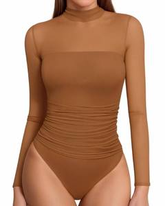 lot 6180 image: MANGOPOP Womens Mock Turtle Neck Bodysuit Mesh Long Sleeve Body Suit Sexy Ruched Sheer Going Out Tops, Long Sleeve Brown, Large