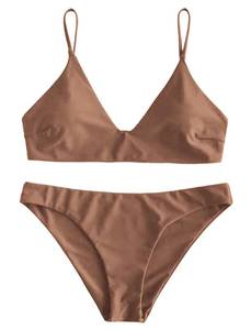 lot 6182 image: ZAFUL Womens Solid Spaghetti Strap Bralette Bikini Set Two Piece Swimsuit (1-Brown, S)