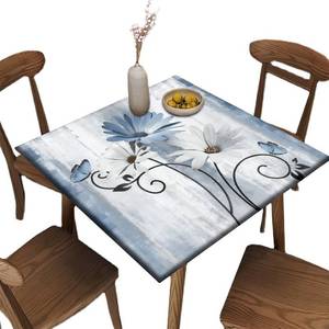 lot 6190 image: ATZGWUI Elastic Edge Fitted Square Tablecloth, Farm Blue Daisy Floral Flowers and Butterfly Polyester Table Cloth, for Indoor Restaurant or Outdoor Patio Party Dining, Fit for 36 x 36Square Table