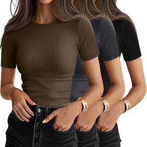 lot 6202 image: Ficerd 3 Pack Womens Ribbed T-Shirts, Cotton Short Sleeve Basic Tees Crewneck Fitted Tops Casual Shirts 2026 Summer Trendy(Black, Dark Gray, Coffee,Small)