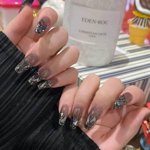 lot 6214 image: Hkanlre Coffin Press on Nails Black Long Fake Crystal Nails Tips Full Cover False Nails for Women and Girls 24PCS