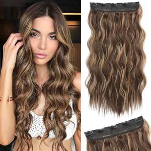 lot 6226 image: REECHO Clip in Hair Extensions, 20 One Piece Hair Extension Clip in Wefts Long Thick Beach Wavy Natural Soft Synthetic Hairpieces for Women, Chocolate Brown with Blonde Highlights