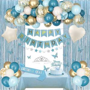 lot 6277 image: Amandir Blue Birthday Decorations for Women, Light Dusty Blue White Sand Foil Balloons Table Cloth Sash Crown Fringe Curtains Happy Birthday Banner Glitter Star Garland Topper Butterfly Party Supplies