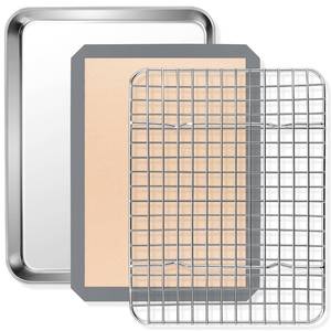 lot 6283 image: P&P CHEF 9 x 7 x 1 Inch Toaster Oven Pan with Grid Rack and Silicone Mat, Stainless Steel Toaster Oven Tray Baking Pan with Cooling Roasting Rack, Dishwasher Safe (3Pcs)