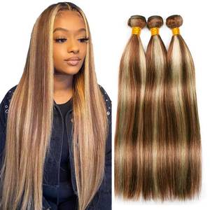 lot 6303 image: P30613 Hilight Brown Bundles Human Hair Straight Bundles 34 34 34 Inch Blonde Straight Bundles Unprocessed Brazilian Virgin Hair 3 Bundle 100 Gram Per Bundle Deals Quick Weave Hair Extensions
