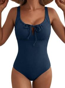 lot 6316 image: Aleumdr Textured Tummy Control Swimsuits for Women Tie Knot One Piece Bathing Suit Drawstring Slimming Vintage Swimwear Sail Blue Large