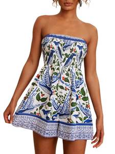 lot 6324 image: ZAFUL Strapless Boho Rompers for Women 2025 Summer Cute Smocked Loose Wide Leg Shorts Beach Sleeveless Jumpsuits(1-1-BohoBu, XL)