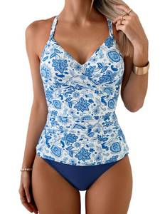 lot 6325 image: B2prity Womens Ruched Tankini Swimsuits V Neck Wrap Tie Back Two Pieces Bathing Suit Tummy Control Swimwear small