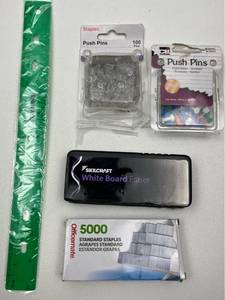 lot 114 image: Office Supply Bundle with Push Pins, Staples, Ruler and Eraser