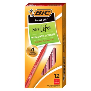 lot 15389 image: 3 Pack Of BIC Round Stic Xtra Life Ballpoint Pen  Stick  Medium 1 mm  Red Ink  Translucent Red Barrel