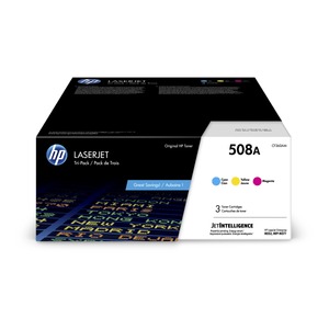 lot 15398 image: HP 508A 3-pack CyanMagentaYellow Original LaserJet Toner Cartridges