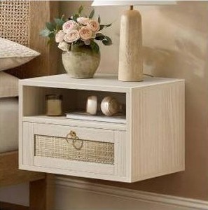 lot 15451 image: Floating Nightstand with Rattan Drawer, 2 Pack