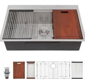 lot 15462 image: LORDEAR 33 in. x 22 in. Top Mount Single Bowl 16-Gauge Stainless Steel Drop-In Workstation Kitchen Sink with Bottom Grid- Retail $288