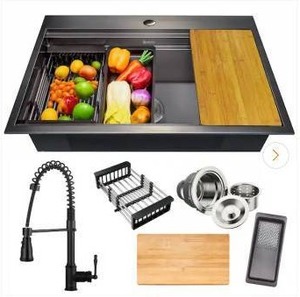 lot 15464 image: AKDY All-in-One Matte Black Finished Stainless Steel 33 in. x 22 in. Single Bowl Drop-in Kitchen Sink with Spring Neck Faucet- Retail 734.98