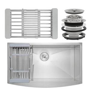 lot 15466 image: AKDY KS0113 33 x 20 x 9 Apron Farmhouse Handmade Stainless Steel Double Bowl 6040 Kitchen Sink w Drain Strainer Kit Adjustable Tray- Retail $399