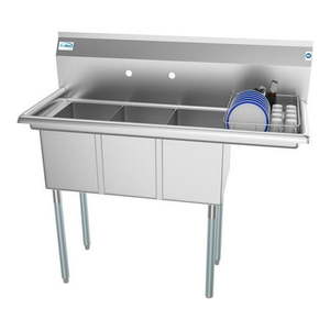 lot 15467 image: Koolmore SC101410-12R3 3 Compartment Stainless Steel Commercial Kitchen Sink With Drainboard - Bowl Size 10  X 14  X 10- Retail $759