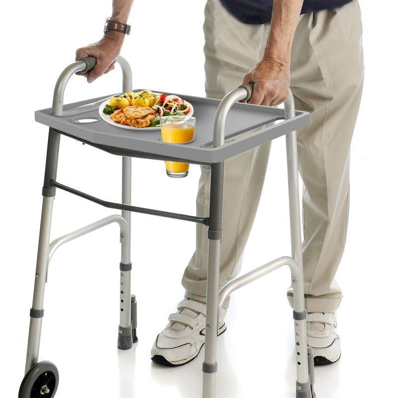 lot 61126 image: Walker Tray Table with 2 Cup Holders - Universal Trays for Standard Folding Walkers - Home Mobility Accessories by Bluestone (Gray)
