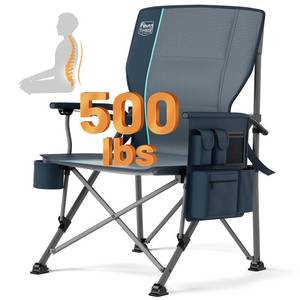 lot 18013 image: Timber Ridge Oversized Folding Camping Chair with Lumbar Support Adjustable High Back Heavy Duty for Adults Support up to 500lbs with Cup Holder, Cooler Bag, Side Pocket, Blue
