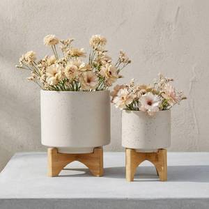 lot 62158 image: Flower Pots with Wooden Stand for Home Decor Decorative Planters for Tabletop, Entryway, Patio, and Garden - Raised Display Pots for Indoor and Outdoor Plants - Set of 2, 11, 7, Ivory & Tan