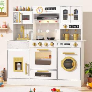 lot 62167 image: BIERUM Wooden Play Kitchen for Kids Ages 3-8 with Lights & Sounds, Pretend Play Kitchen Set with Stove, Ice Maker, Coffee Maker, Oven & Accessories, Toddler Kitchen Playset for Boys and Girls (White)