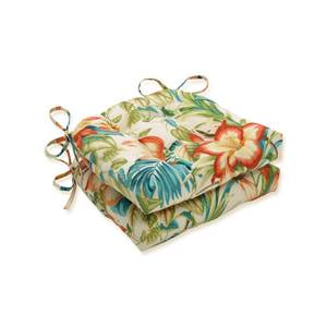 lot 61148 image: Pillow Perfect Tropic Floral IndoorOutdoor Chairpad with Ties, Reversible, Tufted, Weather, and Fade Resistant, 15.5 x 16, BlueGreen Botanical Glow, 2 Count