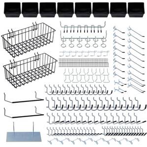 lot 23788 image: Daanxw 246PCS Pegboard Accessories Organizer Kit,Includes Pegboard Hooks,Bins,Baskets,Paper Towel HolderSuitable for 18 and 14 Pegboard,Can be Used for Hanging Tools,Garage Storage,etc. (Black) - Retail $35