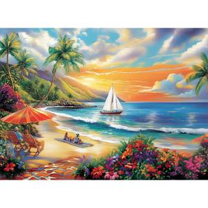 lot 23791 image: 300 Pieces Puzzles for Adults, Summer Beach Jigsaw Puzzles 300 Pieces Puzzles for Adults Kids, Colorful Sunset Boat Jigsaw Puzzles, Birthday and Holiday Challenging Gift Toy 20.5x15 in - Retail $9