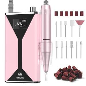 lot 23824 image: HELIVIVE Professional Electric Nail Drill 45000RPM (Portable & Rechargeable) (with 11 Drill Bits ) Cordless Nail File Machine for Shaping, Polishing & Removing Gel Nails for Salon Home (Pink) - Retail $28