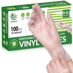 lot 23825 image: SWIFTLITE Disposable Vinyl Gloves, Food Safe, Latex-Free Powder-Free Clear Plastic Gloves for Cooking, House Clean, Food Prep (100, Large) - Retail $8