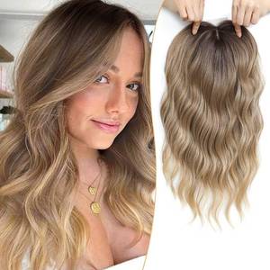 lot 23827 image: PANEWAY 16Inch Wavy Curly Brown Blonde Hair Topper with Dark Root - Clip In Hair Topper for Women - Retail $37