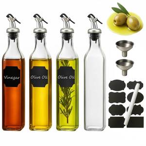 lot 23843 image: WERTIOO Olive Oil Dispenser Bottle,4Pack 17 OZ Glass Oil Dispenser for Kitchen with 4 Pourer,2 Stainless Steel Funnel & 1 Pen and 8 Label for Kitchen (500ml) - Retail $15