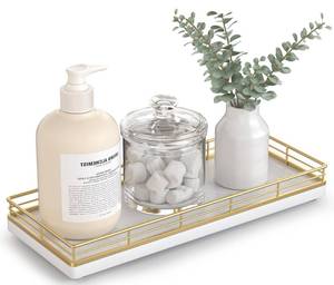 lot 23855 image: Bathroom Tray for Counter Top Organizer Oak Wood Vanity Tray with Metal Frame for Dresser, Kitchen, Nightstand Gold & White Decorative Storage - Retail $17