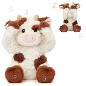 lot 23866 image: Hopearl Peek A Boo Cow Interactive Repeats What You Say Plush Diary Cattle Toy Musical Singing Talking Stuffed Animal Adorable Electric Animate Gift for Toddlers, Brown, 11 - Retail $34