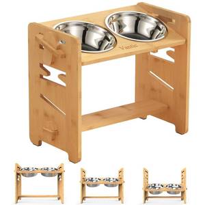 lot 23885 image: Vantic Elevated Dog Bowls, Adjustable Raised Dog Bowl Stand for Medium Sized Pet, Sturdy Bamboo Food Feeder with 2 Stainless Steel Dishes, Natural - Retail $40
