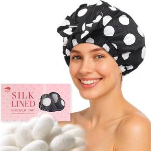 lot 26620 image: LitBear Luxury Silk Lined Shower Caps for Women Reusable Waterproof, Double Layered Large Bathing Hair Cap with Adjustable Elastic Strap, Non-slip, Quick-dry, for Long Short Hair, Black Dots - Retail $17