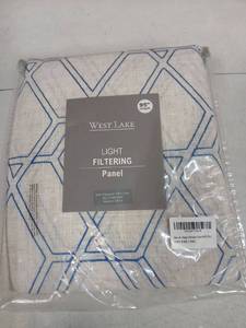 lot 26674 image: West Lake Hexagon Embroidery Light Filtering Curtains Beige and Blue 2 Panels 40x95in