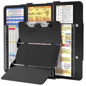lot 26688 image: Nursing Clipboard Foldable, Foldable Clip Board wNursing Edition Cheat Charts, 3 Layers Aluminum, Nurse Clipboards wLow Profile Clip & Pen Clip Pocket for Students, Nurses and Doctors, Black - Retail $20