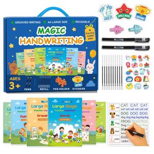 lot 26696 image: Large Magic Practice Copybook for Kids,Handwriting Grooved Practice Book 6 Pack with Pen Refill English Cursive Calligraphy Reusable Age 3-8 A4 Size